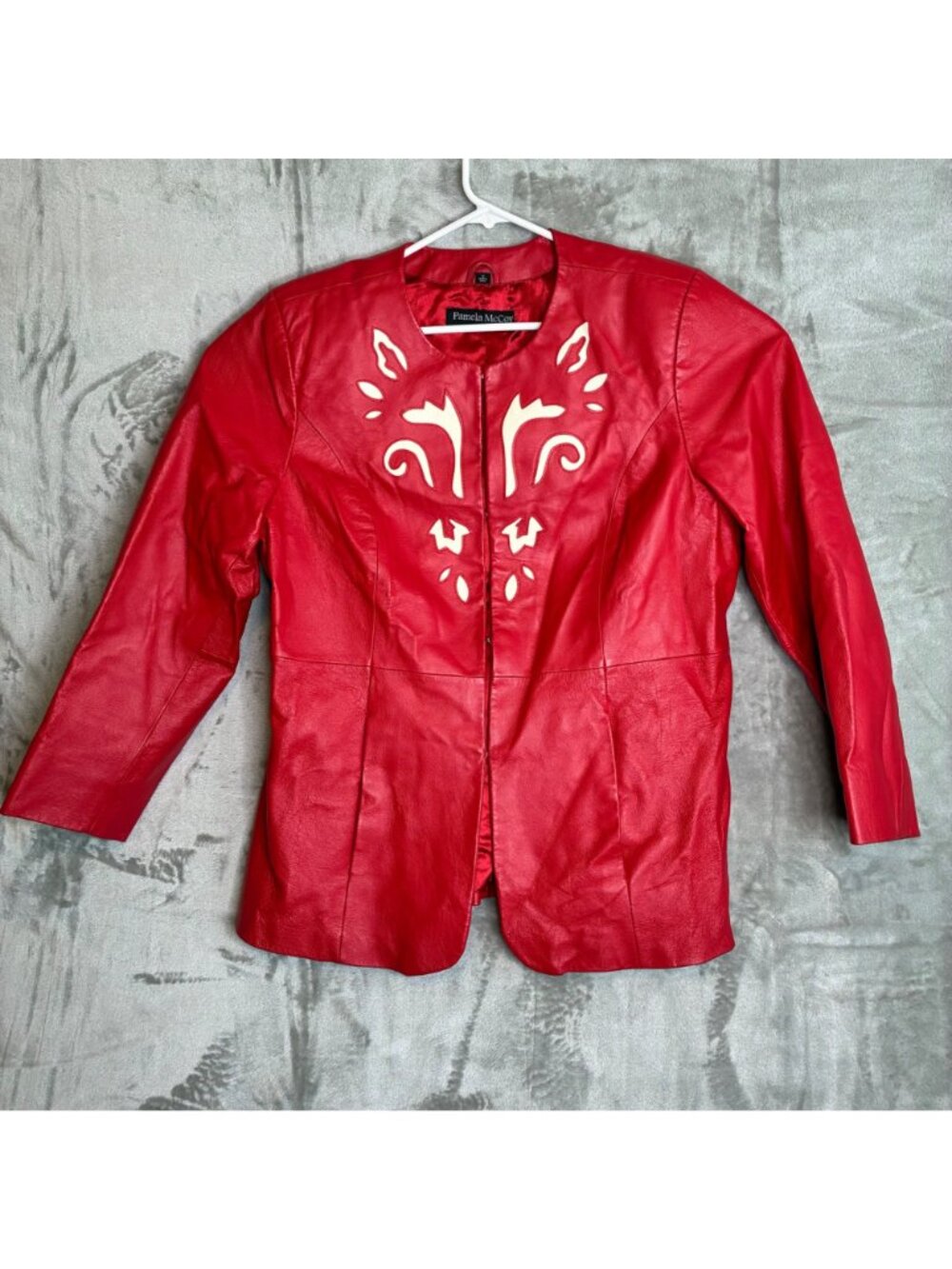 Pamela McCoy Red Genuine Leather Jacket With White Embroidered Details Size 1X - Picture 2 of 13
